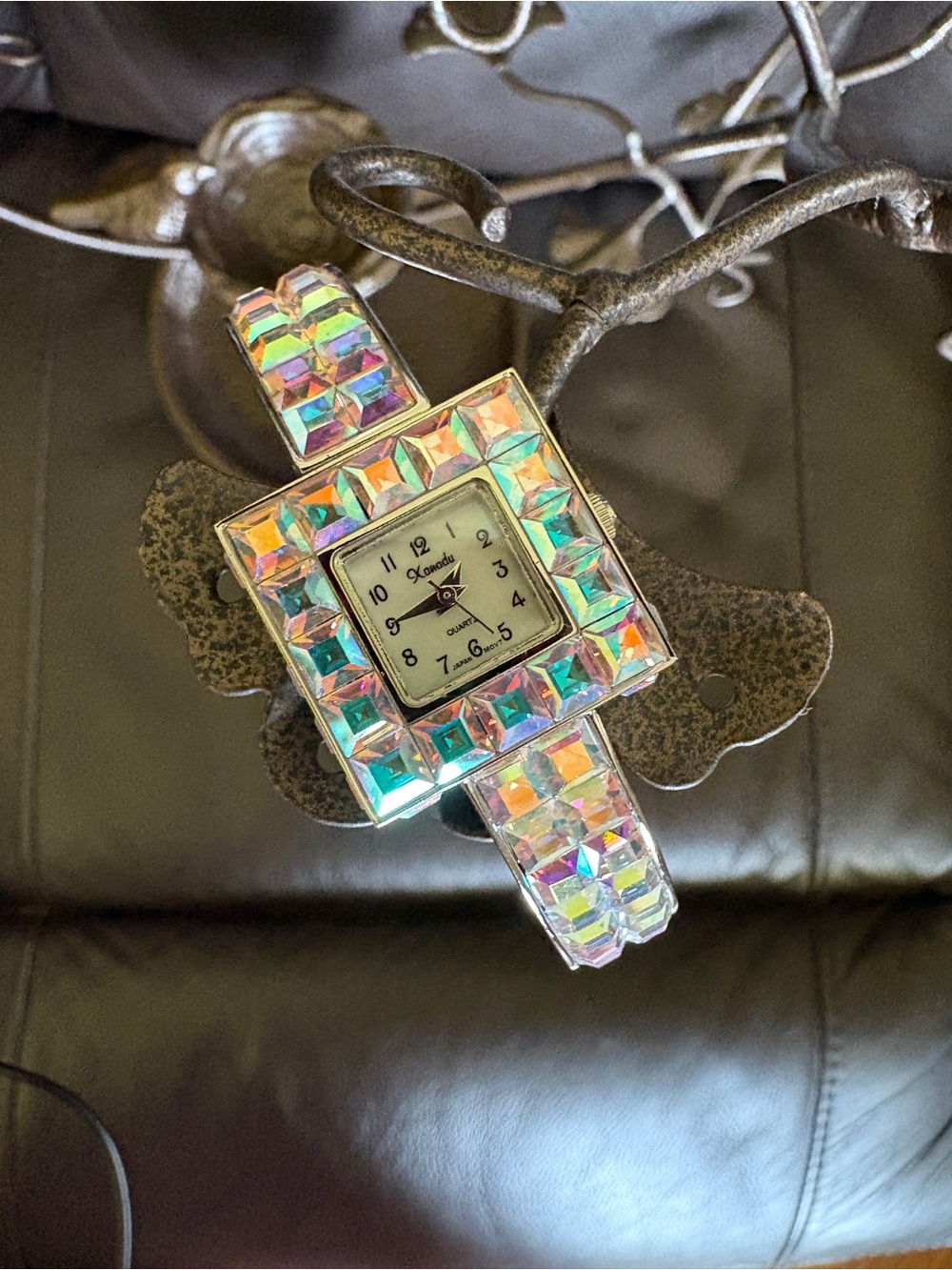 Xanadu Y2K Statement Bangle Watch, Iridescent Square Rhinestone Crystals.
NEW.